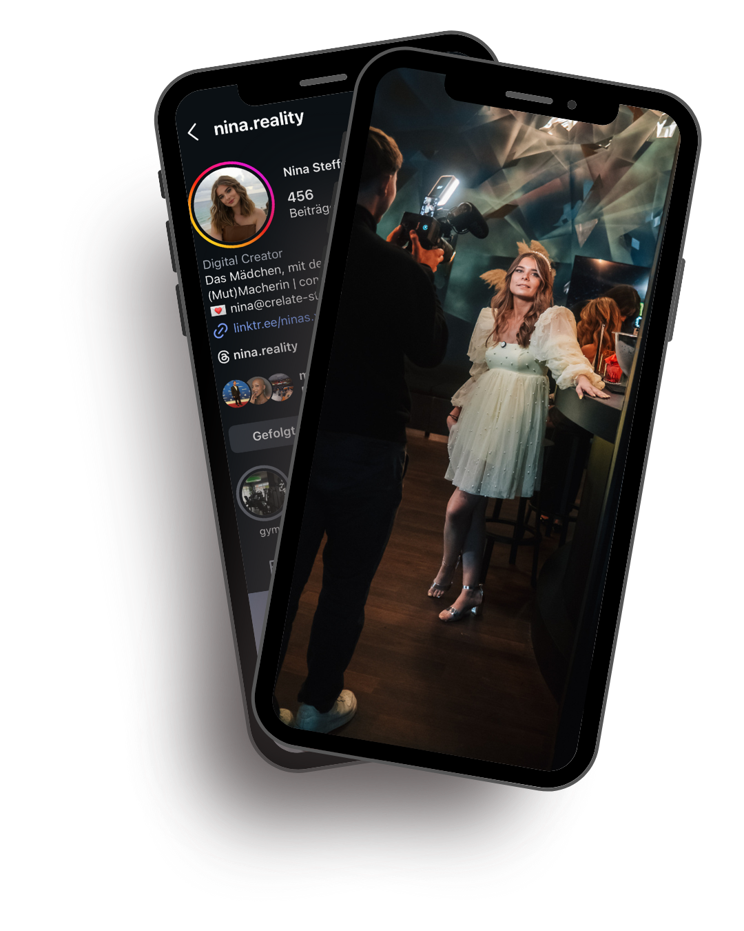 Nina Steffens in einer Handymontage mit Social-Media-Profil und Szene aus einer Creative Production